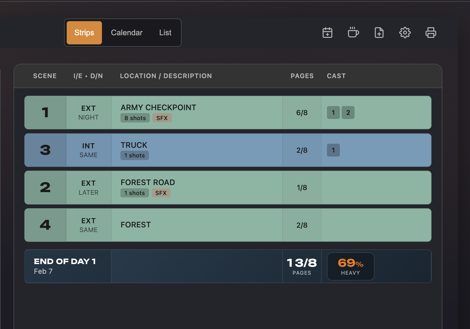 Stripboard schedule in Lína with drag-and-drop scene strips and day breaks